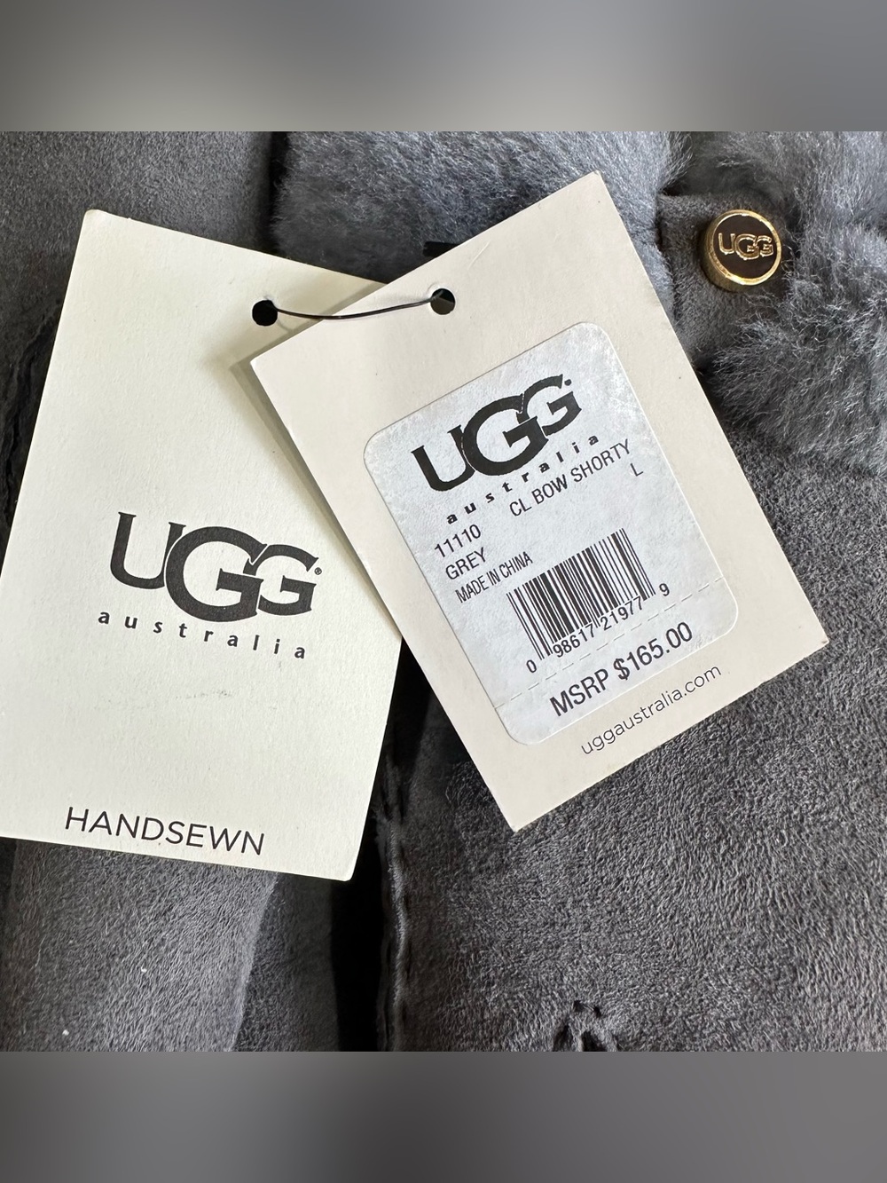 UGG Gloves Shearling Water Resistant Bow Shorty Gray Large Holiday Gift NEW - Picture 5 of 8